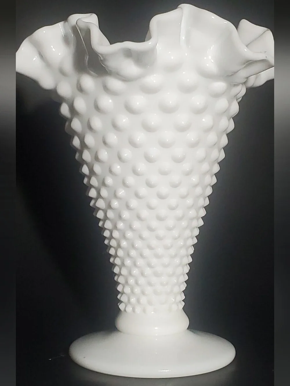 FENTON - Vintage Large Hobnail Milk Glass Trumpet Vase with Crimped Ruffled Rim
